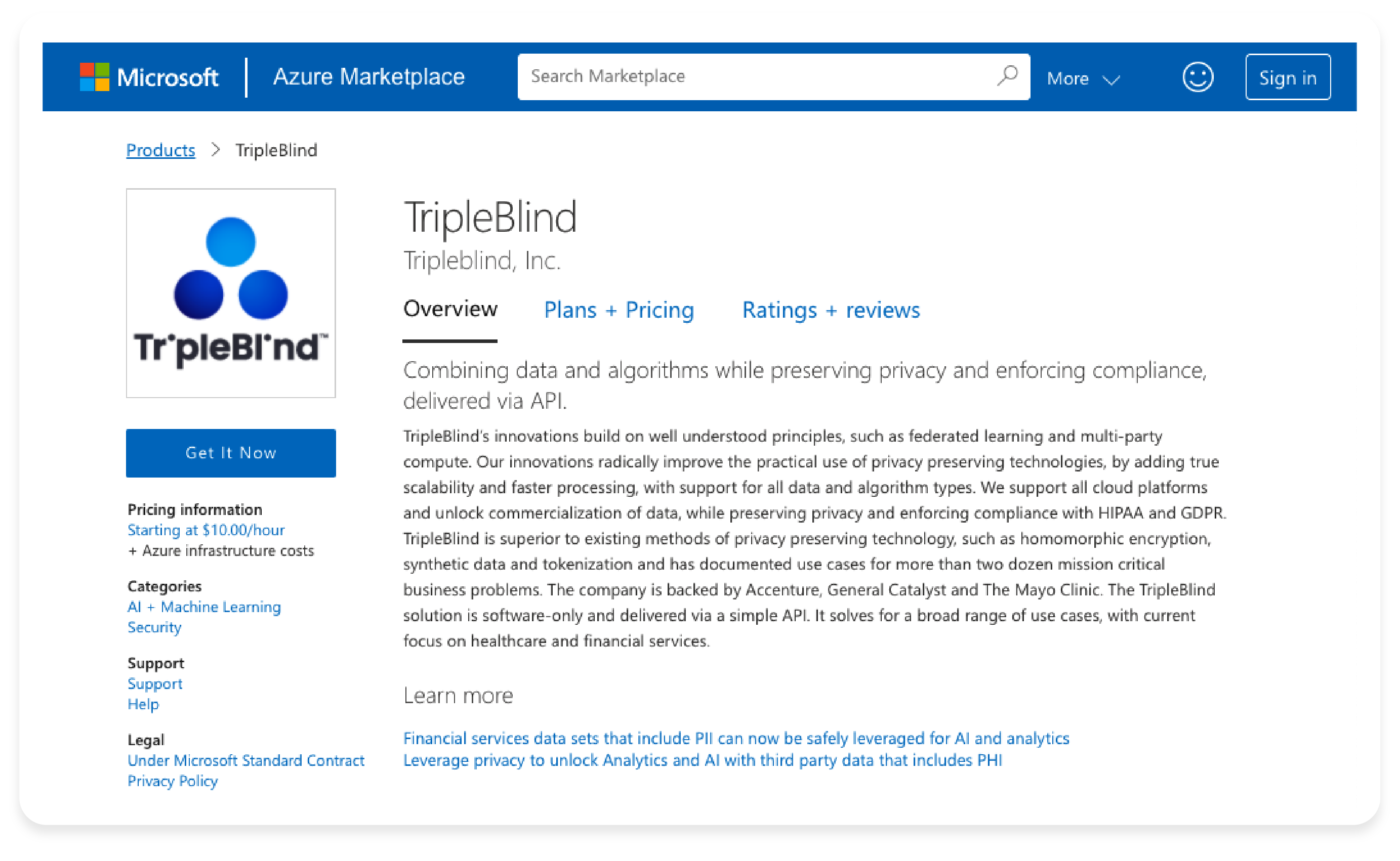 Screenshot of TripleBlind Azure Offering